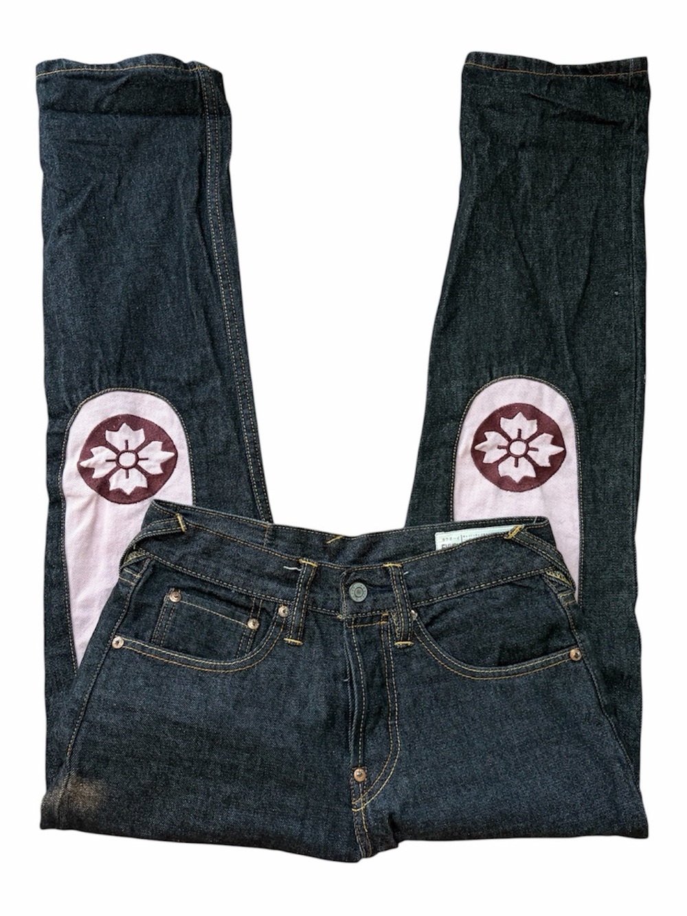 EVISU Selvedge Denim Jeans Y2K Japanese Streetwear Floral Patchwork Dark Wash